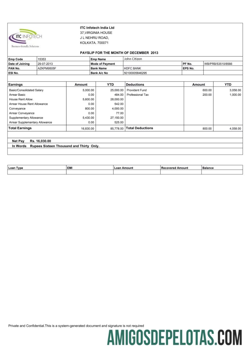 INDIA ITC Infotech India LTD Recibo de pagamento em formatos Word e PDF baixar para verificação